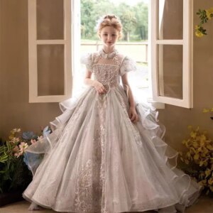Jill Wish Luxury Gray Flower Girl Dress Beaded Court Train Princess Gown for Kids Wedding Birthday Communion Evening Party J300
