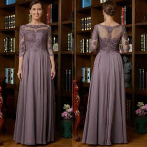 Purple Mother Of The Bride Gowns 3/4 Sleeves Sheer Neck illusion Appliqued Lace Beaded and Sequined Dress Customized