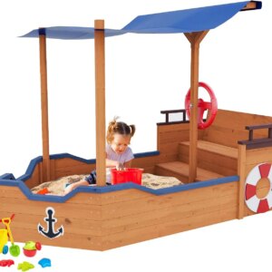 Large Pirate Ship Sandbox with Cover, Wooden Sand Box with Canopy, Rudder, Seat & Hidden Storage Space, Playset Outdoor Backyard