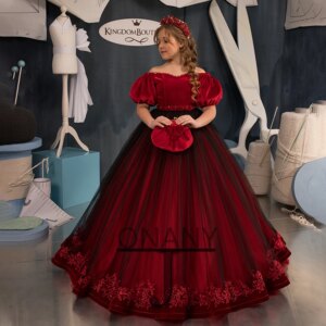 JONANY Luxury Crystals Flower Girl Dress Appliques Lace Puffy Velvet Birthday Dress Pageant Gown Communion Robe Princesse Fille