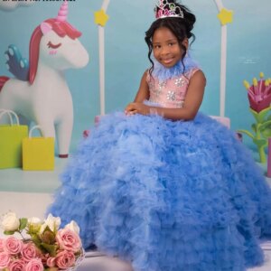 EVLAST Customized Feahter Girl Pageant Dress Flower Girl Dress for Wedding Sky Blue Ruffles Party Birthday Gown Photoshoot  FD93