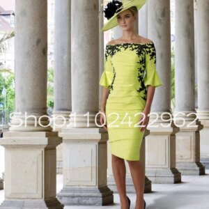 CustomizedKnee-length Mother of the Bride or Groom Dress with Half Sleeve Lemon Lace Stain Ruched Sheath Wedding GuestOutfitGown