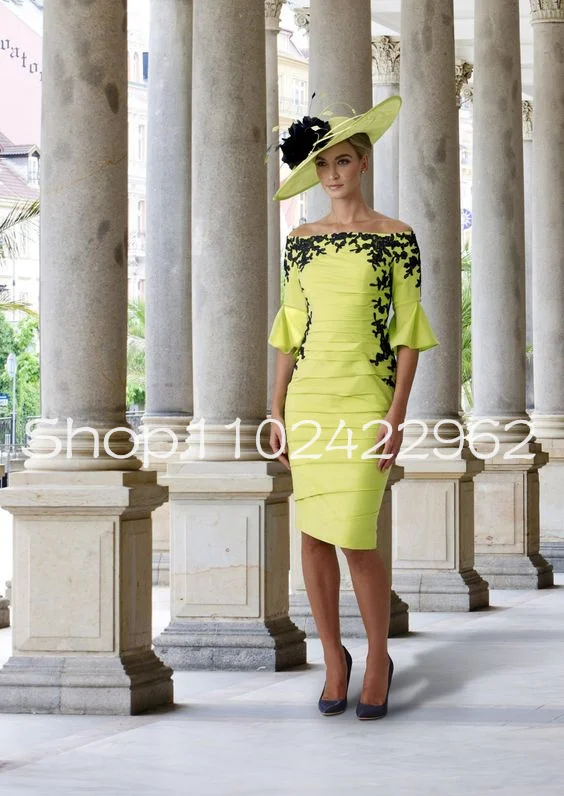 CustomizedKnee-length Mother of the Bride or Groom Dress with Half Sleeve Lemon Lace Stain Ruched Sheath Wedding GuestOutfitGown