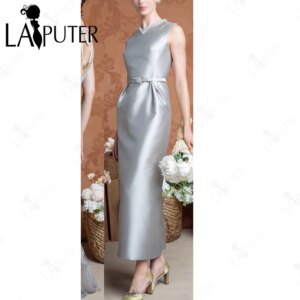 Gray Satin Mother of the Bride Dress Tea Length Column Mom Party Gown High Neck Sleeveless Woman Evening Dress for Wedding