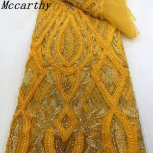 African French Beaded Lace Fabric 2025 High Quality Lace Embroidered Nigerian 3d Sequins Tulle Lace 5 Yards For Sew Party Dress