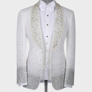 Luxury Men Suit Pearl Beading Jacquard Satin Shawl Lapel Single Breasted Formal Groom Wear 3 Pieces Blazer Vest pant Custom Made