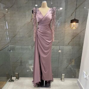Luxury Mother of the Bride Dresses for Weddings Beading Long Sleeves Wedding Guest Gowns  V Neck Side Slit Formal Party Gown