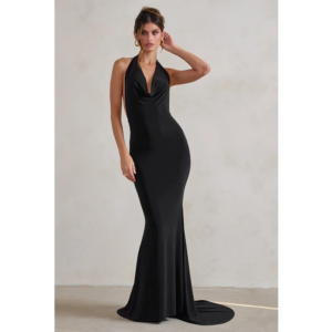 QueensLove Black Bridesmaid Dress Halter Evening Party Dress Long Satin Backless Dress Deep V-Neck Dress Customize