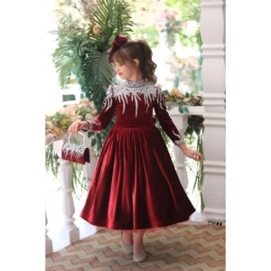 Customized Red Flower Girl Dresses For Wedding Velvet High Collar Silvery Appliques Elegant Kids First Communion Pageant Gown