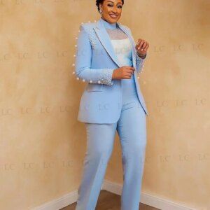 Exquisite One Button Pearls Blue Beads Women Suits 2 Pieces Blazer Pants Peaked Lapel Tuxedo Prom Slim Plus Size Costume Homme