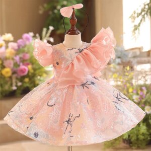 Dreamy Vow Charming Ruffle Embroidered Baby Girl Dress With Bow for Kids Eid al-Fitr Wedding Birthday Celebration Ball Gown J829