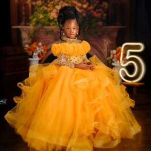 Gold High Neck Flower Girls Birthday Party Dress Customized Little Girl’s Pretty Dresses Queen Pageant Gowns for Photoshoot