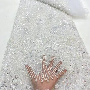 Fashion Luxury Beaded Tulle Lace African 2025 High Quality 5 Yards Nigerian Handmade Sequins Fabric For Evening Party Wedding