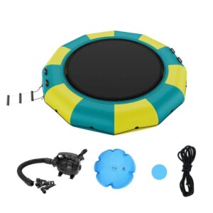 Inflatable Water Bouncer, 13ft Recreational Water Trampoline, Portable Bounce Swim Platform with 3-Step Ladder & Electric Air