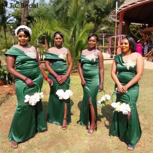 New 2025 Green Long Mermaid African Bridesmaid Dresses With Appliques Satin Tulle Maids Of Honor Gowns Customized