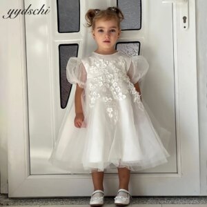 Lovely Baby Girl’s Dress Puffy Sleeves Flower Girl Dresses 2025 Princess Pearls Beading Appliques Kid Party First Communion Gown