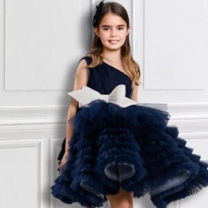 Dark Navy Princess Knee Length Flower Girl Dresses For Wedding Evening Party Tulle Tiered Sleeveless One Shoulder With Bow 2022