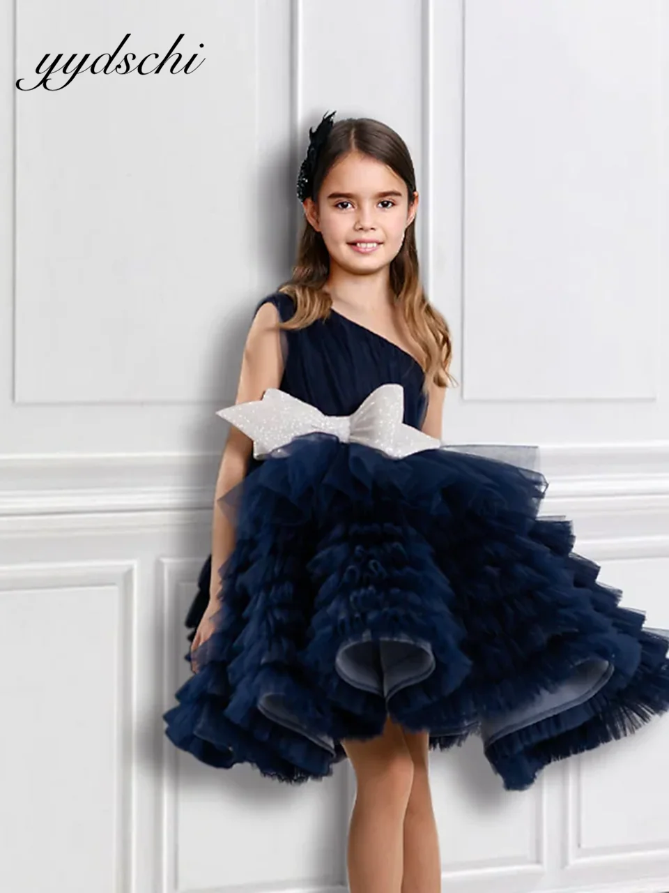 Dark Navy Princess Knee Length Flower Girl Dresses For Wedding Evening Party Tulle Tiered Sleeveless One Shoulder With Bow 2022