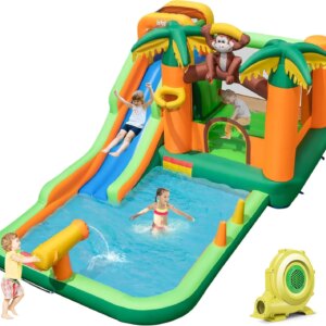 Inflatable Water Slide, Jungle Monkey Water Bounce House for Outdoor Fun with Long Waterslide, Splash Pool, 680W Blower, Blow up