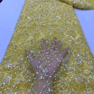 Yellow 5 Yards African Sequins Lace Fabric 2024 High Quality French Sequins Beaded Tulle Lace Fabric For Sewing Party Dresses