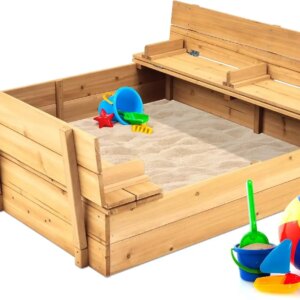 Kids’ Outdoor Wooden Sandbox Large, Cedar Wood with Foldable Bench Seats and Sand Protection, Bottom Liner Included – Natural