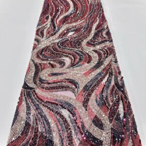 African Beaded Lace Fabrics 2025 High-Quality Red Mesh Bead Embroidered French Lace Sequins for Women’s Evening Party Dresses