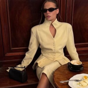 Slim Fit Bespoke 2 Pieces Women Suits Blzaer Skirt Stand Collar V-Neck Frill Single Breasted Business Office Women Customized