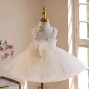 Jill Wish White Flower Girl Dress Pearls Beading Flowers V-Neck Princess Birthday Wedding Party Children Holiday Ball Gown J537