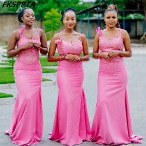 Custom Made Mermaid Pink Bridesmaid Dresses Spaghetti Straps Corset Back High Quality Satin Long Wedding Guest Gowns Wholesale