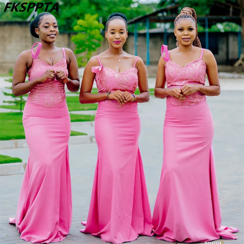 Custom Made Mermaid Pink Bridesmaid Dresses Spaghetti Straps Corset Back High Quality Satin Long Wedding Guest Gowns Wholesale