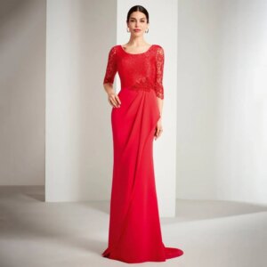 Formal Evening Dresses for Women Red Lace Scoop Mermaid Evening Gowns Long 3/4 Sleeves Ruched Trumpet Elegant Wedding Party Gown