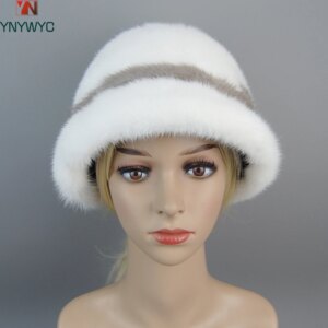 2025 New Russian Girl Soft Knitting Real Fur Bucket Hats Woman Winter Solid Mink Caps With Fashion arrow Natural Mink Fur Hats