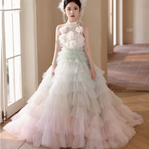 Jill Wish Luxury Sage Green Flower Girl Dresses Handmade Flower Tiered Princess Kids Ball Gown for Wedding Birthday Party J074