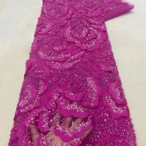 2024 Latest Hot Sale Fashion Africa Lace Fabric High Quality Handmade Embroidery Lace With Beads Sequins Party For Wedding Dress