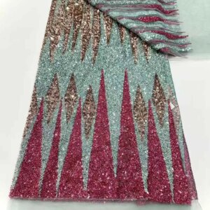 Blue High Quality Beaded Lace Fabrics African Nigerian Beaded Tulle Lace White Sequence French Mesh For Wedding Dresses KB4859
