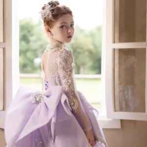 Jill Wish Luxury Lilac Dubai Girl Dress with Bow Beads Long Sleeve Princess Wedding Birthday Pageant Party Performance Gown J123