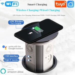 WIFI Tuya Touch Automatic Lifting Pop-up Table Israel Socket IP65 Waterproof Recessed Outlet Bluetooth Speaker Wireless Charger