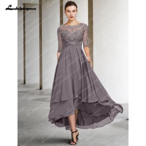 Elegant Mother of the Bride Dress Jewel Neck Asymmetrical Ankle Length Chiffon Lace Half Sleeve with Illusion Ruffles Appliques
