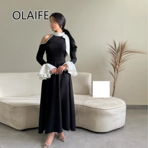 Graceful High Neck Satin Arab Dres with Long Sleeve Evening Gown with Crystal A-line Tea-Length فساتين سهرة Customized