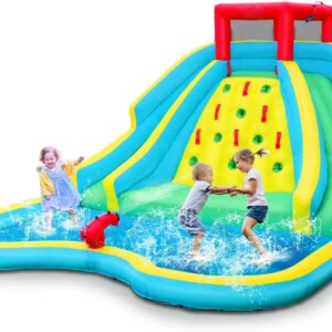 Inflatable Water Slide, Water Park Bouncy House w/Splashing Pool, 2 Slides, Climbing Wall & Water Cannon, Blow Up Waterslide for