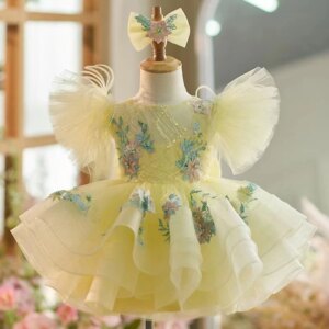 Dreamy Vow Charming Yellow Purple Girl Dress Embroidered with Flowers for Kids Princess Wedding Party Short Ball Gown J258