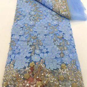 2025 Fashion Elegant French 3D Flowers Embroidery Mesh Bead Lace Fabric African Nigerian Sequin Fabric For Wedding Dress