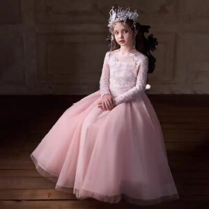 Jill Wish Elegant Pink Girl Dress Long Sleeve Crystal Arabic Princess Kids Wedding Birthday Party Long Pageant Evening Gown J263