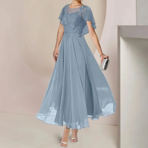 Evening Gala Long Elegant Appliques O-Neck Ankle Length  Mother of the Bride Dresses Chiffon Wedding Party Skirt for Women