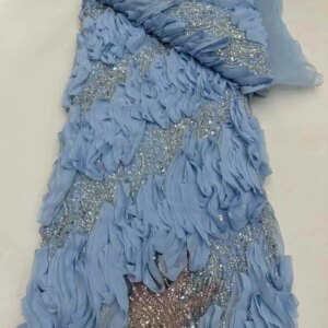 Sky Blue Handmade Beaded Lace Fabric Latest Lace Fabric High Quality 2025 Nigerian Beaded Fabric Lace Sequins For Sewing KB4641