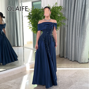 Fantastic Boat Collar Satin Evening Saudi Dres Backless Floor-Length Evening Arab Gown with Sequins Lace Customized