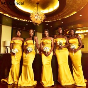 Yellow Customized Long Mermaid Strapless Bridesmaid Dresses One Shoulder Short Sleeve Maids Of Honor Gowns Wholesale