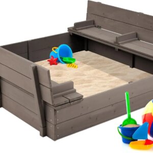 Kids’ Outdoor Wooden Sandbox Large, Cedar Wood with Foldable Bench Seats and Sand Protection, Bottom Liner Included – Gray