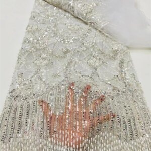 Latest Hot Sale Fashion Africa Lace Fabric High Quality Handmade Embroidery Lace With Beads Sequins Party For Wedding Dress