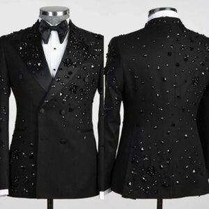 Luxury Men Suit 2025 Beaded Rhinestone 2 Piece Set Peaked Lapel Wedding Tuxedos Customized Double Breasted Groom Suit Plus Size